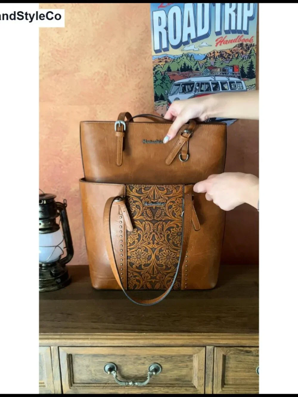 Vegan Leather Tote Bag and Handbag Set with Silver Hardware, Embossed Pattern,